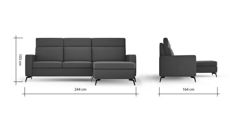 Ecksofa Arima H - 2-Sitzer mit Longchair rechts inkl. Sitzvorzug (motorisch), Leder, Schwarz