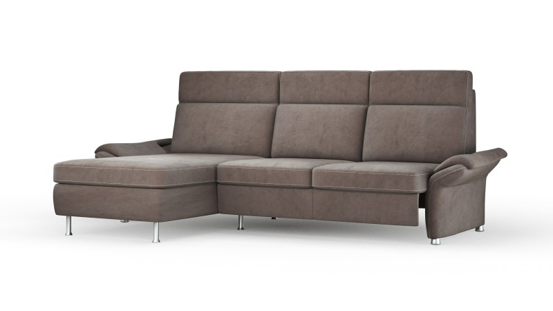 Sofa Arima H - Longchair links mit 2-Sitzer inkl. Sitzvorzug (motorisch) und Armlehnen verstellbar, Stoff, Dunkelbraun