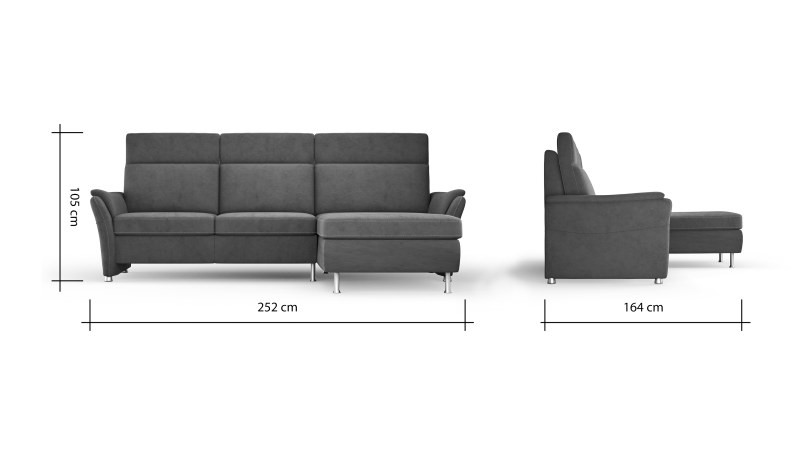 Ecksofa Arima H - 2-Sitzer mit Longchair rechts inkl. Sitzvorzug (motorisch) und Armlehnen verstellbar, Stoff, Steingrau