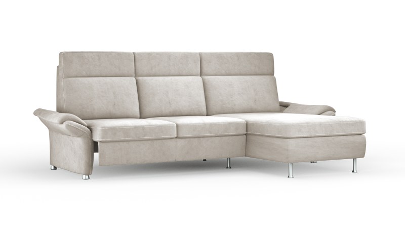 Ecksofa Arima H - 2-Sitzer mit Longchair rechts inkl. Sitzvorzug (motorisch) und Armlehnen verstellbar, Stoff, Beige