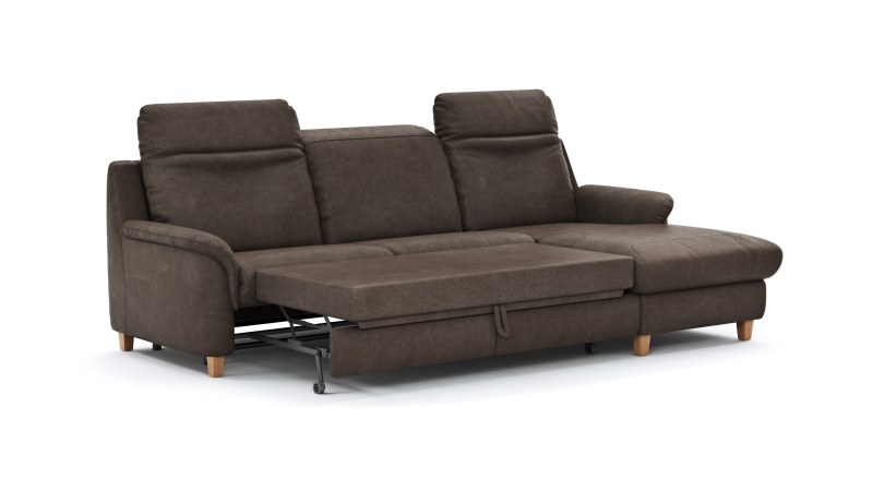Ecksofa Cornella Classic - 2-Sitzer mit Longchair rechts inkl. Kopfteil verstellbar und Schlaffunktion, Stoff, Mocca