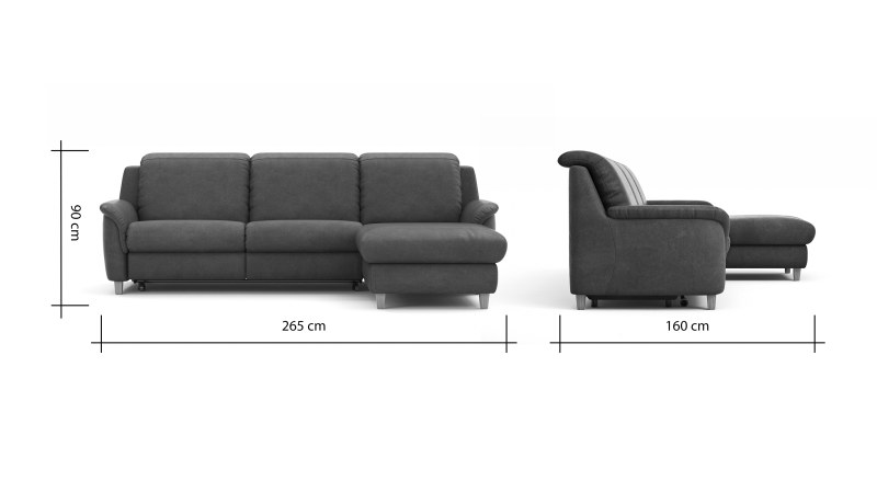 Ecksofa Cornella Classic - 2-Sitzer mit Longchair rechts inkl. Kopfteil verstellbar und Schlaffunktion, Stoff, Mocca