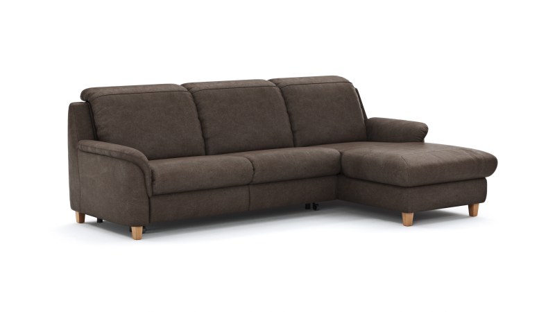Ecksofa Cornella Classic - 2-Sitzer mit Longchair rechts inkl. Kopfteil verstellbar und Schlaffunktion, Stoff, Mocca
