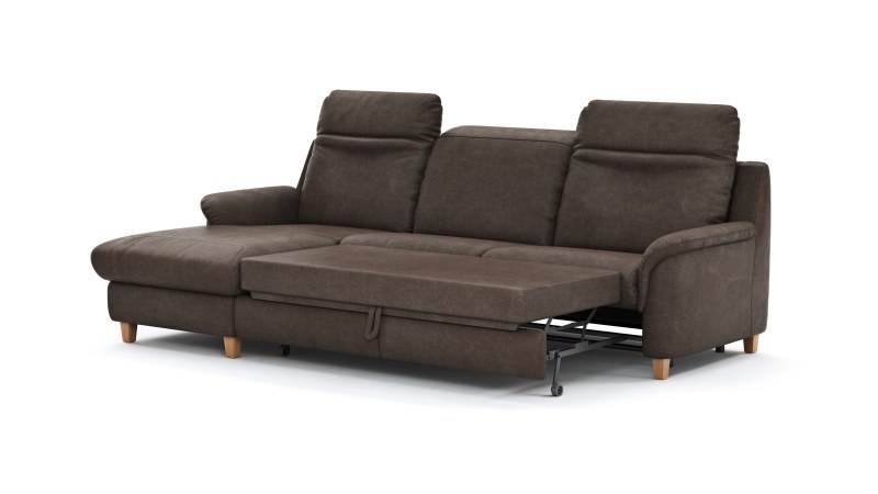 Ecksofa Cornella Classic - 2-Sitzer mit Longchair links inkl. Kopfteil verstellbar und Schlaffunktion, Stoff, Mocca