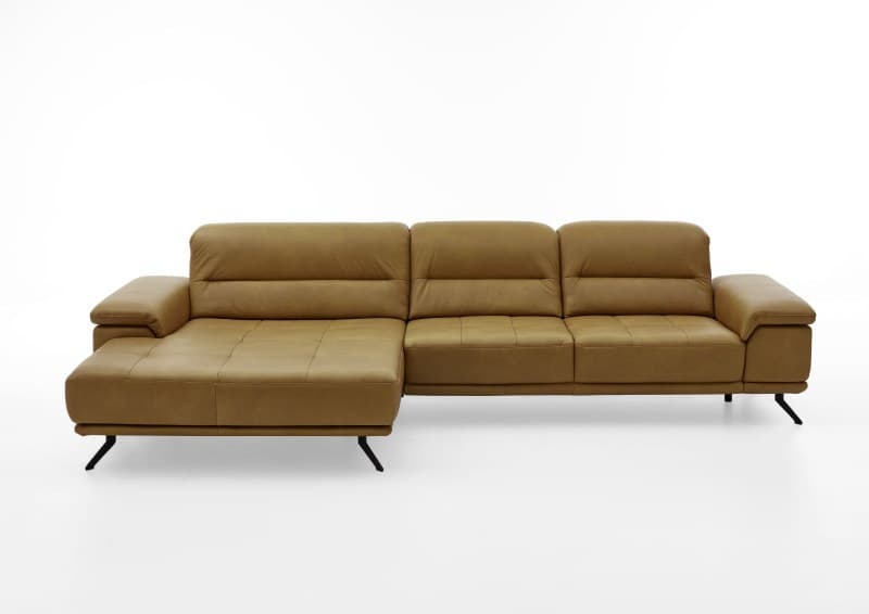 Ecksofa - 3-Sitzer mit Longchair links, Kopfteil verstellbar (manuell), Leder, Kurkuma