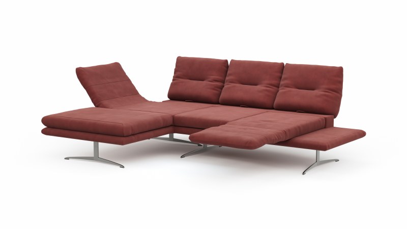 Ecksofa Lucero - Longchair links mit 2-Sitzer inkl. Rückenlehne/Armlehne/Sitztiefe verstellbar und drehbares Sitzelement, Leder, Weinrot