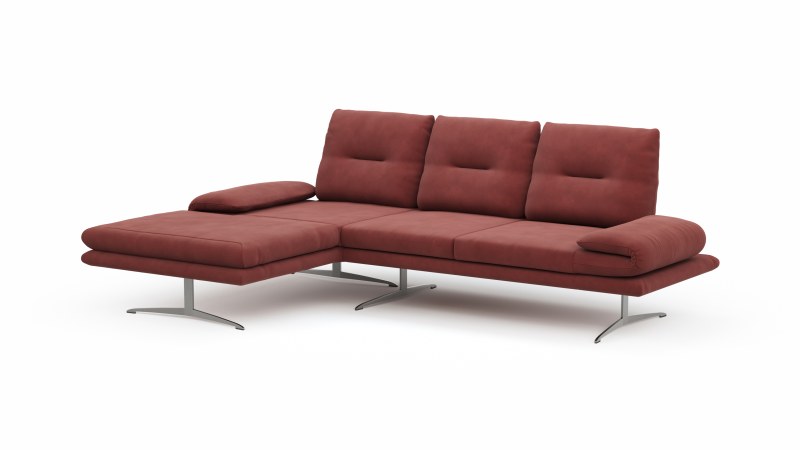 Ecksofa Lucero - Longchair links mit 2-Sitzer inkl. Rückenlehne/Armlehne/Sitztiefe verstellbar und drehbares Sitzelement, Leder, Weinrot