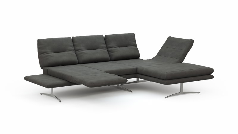 Ecksofa Lucero - 2-Sitzer mit Longchair rechts inkl. Rückenlehne/Armlehne/Sitztiefe verstellbar und drehbares Sitzelement, Leder, Anthrazit