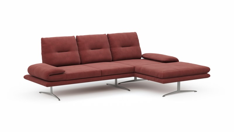 Ecksofa Lucero - 2-Sitzer mit Longchair rechts inkl. Rückenlehne/Armlehne/Sitztiefe verstellbar und drehbares Sitzelement, Leder, Weinrot