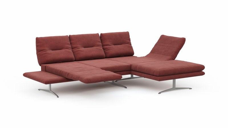 Ecksofa Lucero - 2-Sitzer mit Longchair rechts inkl. Rückenlehne/Armlehne/Sitztiefe verstellbar und drehbares Sitzelement, Leder, Weinrot