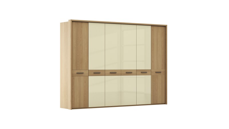 Drehtürenschrank Lenoso - B. ca. 306 cm, Eiche massiv, Glas, Champagner