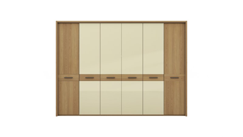 Drehtürenschrank Lenoso - B. ca. 306 cm, Eiche massiv, Glas, Champagner