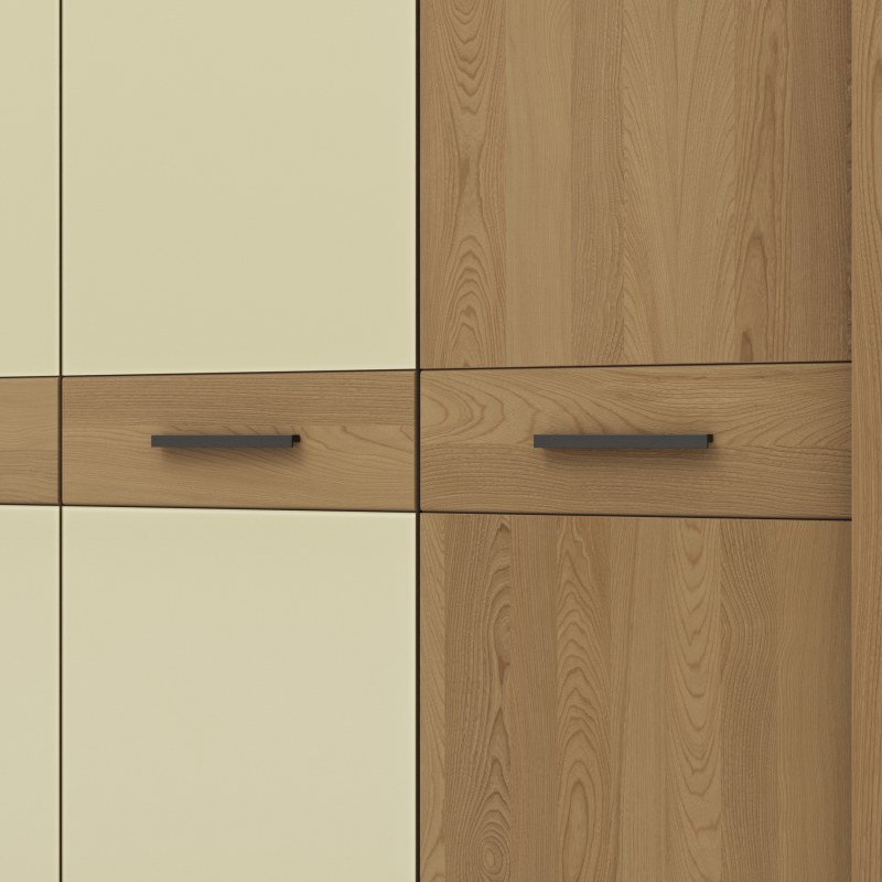 Drehtürenschrank Lenoso - B. ca. 306 cm, Eiche massiv, Glas, Champagner