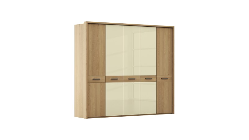 Drehtürenschrank Lenoso - B. ca. 256 cm, Eiche massiv, Glas, Champagner