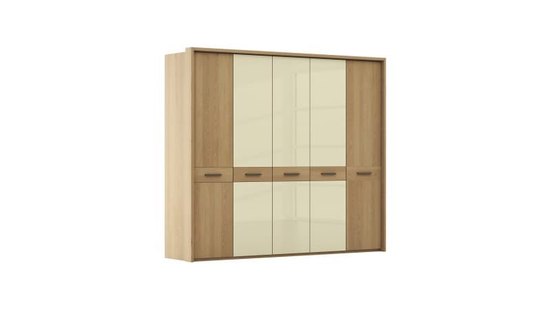 Drehtürenschrank Lenoso - B. ca. 256 cm, Eiche massiv, Glas, Champagner