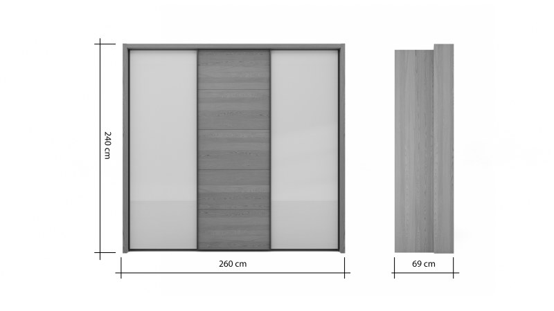 Schwebetürenschrank Lenoso -  B. ca. 260 cm, Eiche massiv, Glas, Champagner