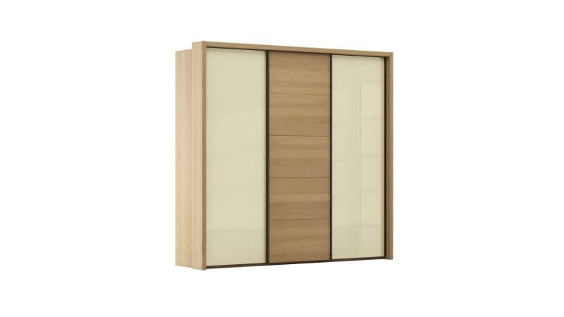 Schwebetürenschrank Lenoso -  B. ca. 260 cm, Eiche massiv, Glas, Champagner