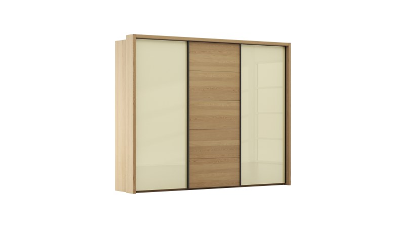 Schwebetürenschrank Lenoso - B. ca. 310 cm, Eiche massiv, Glas, Champagner