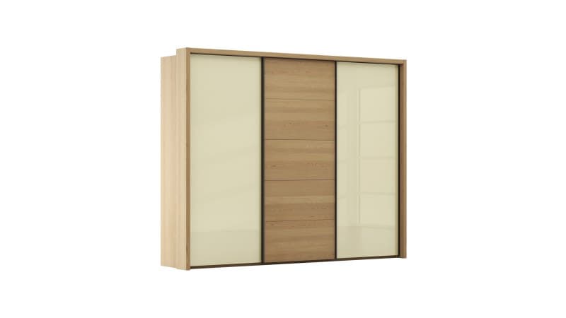 Schwebetürenschrank Lenoso - B. ca. 310 cm, Eiche massiv, Glas, Champagner