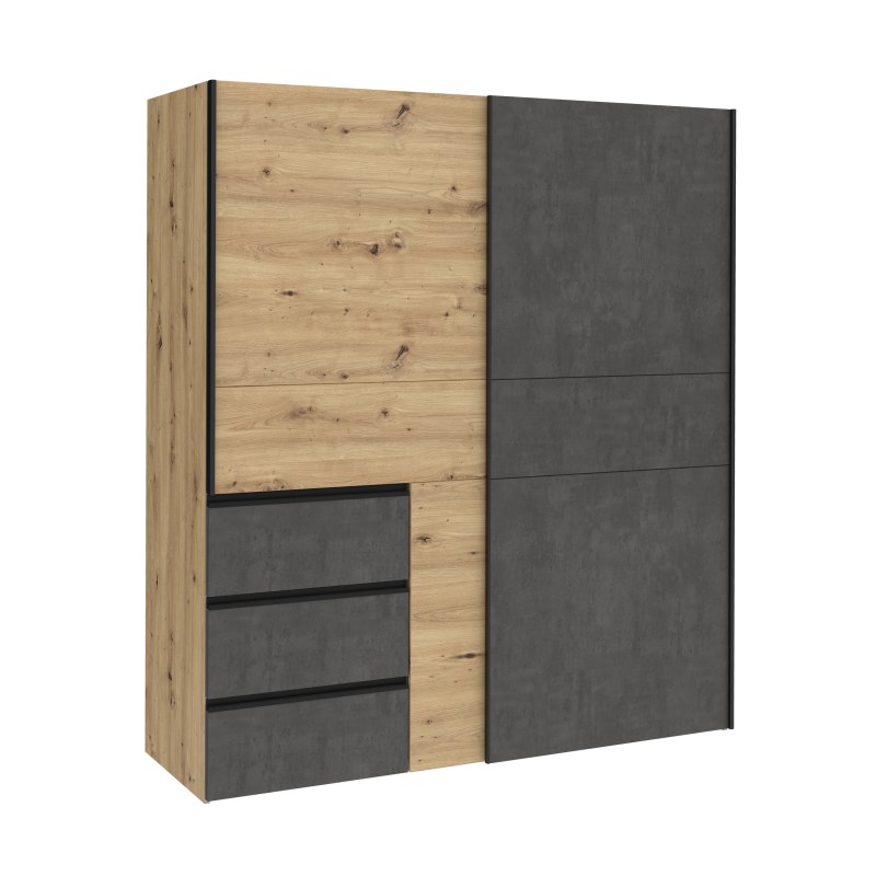 Schwebetürenschrank FJOLLA - B ca. 200,1 cm, Eiche Dekor, Betonoptik Dunkelgrau