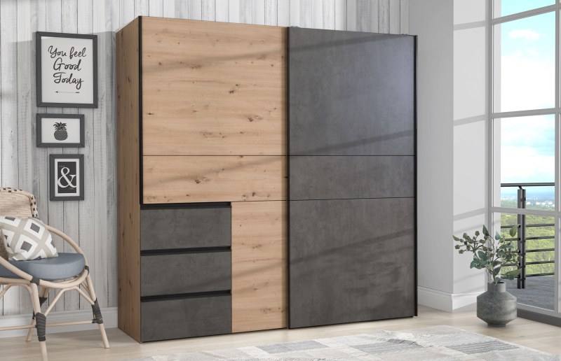 Schwebetürenschrank FJOLLA - B ca. 200,1 cm, Eiche Dekor, Betonoptik Dunkelgrau