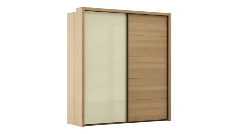 Schwebetürenschrank Lenoso - B. ca. 210 cm, Eiche massiv, Glas Champagner