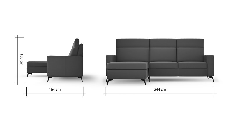 Ecksofa Arima H - 2-Sitzer mit Longchair links inkl. Sitzvorzug (motorisch), Leder, Schwarz