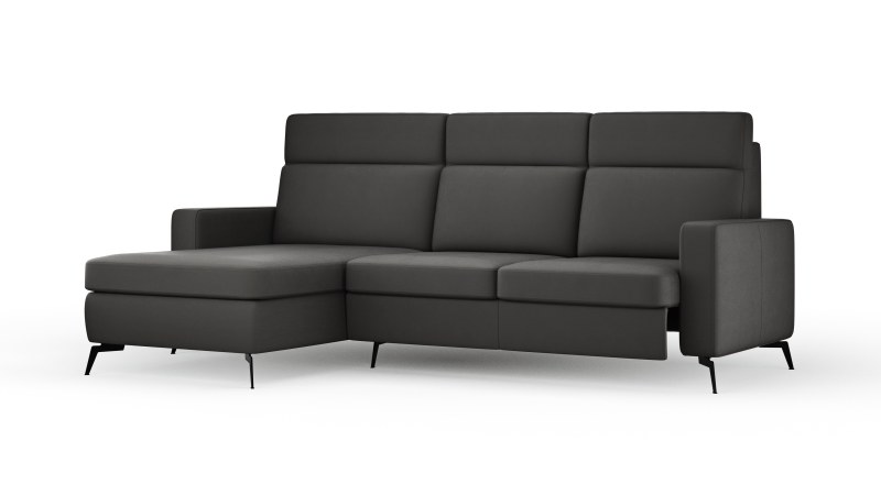 Ecksofa Arima H - 2-Sitzer mit Longchair links inkl. Sitzvorzug (motorisch), Leder, Schwarz