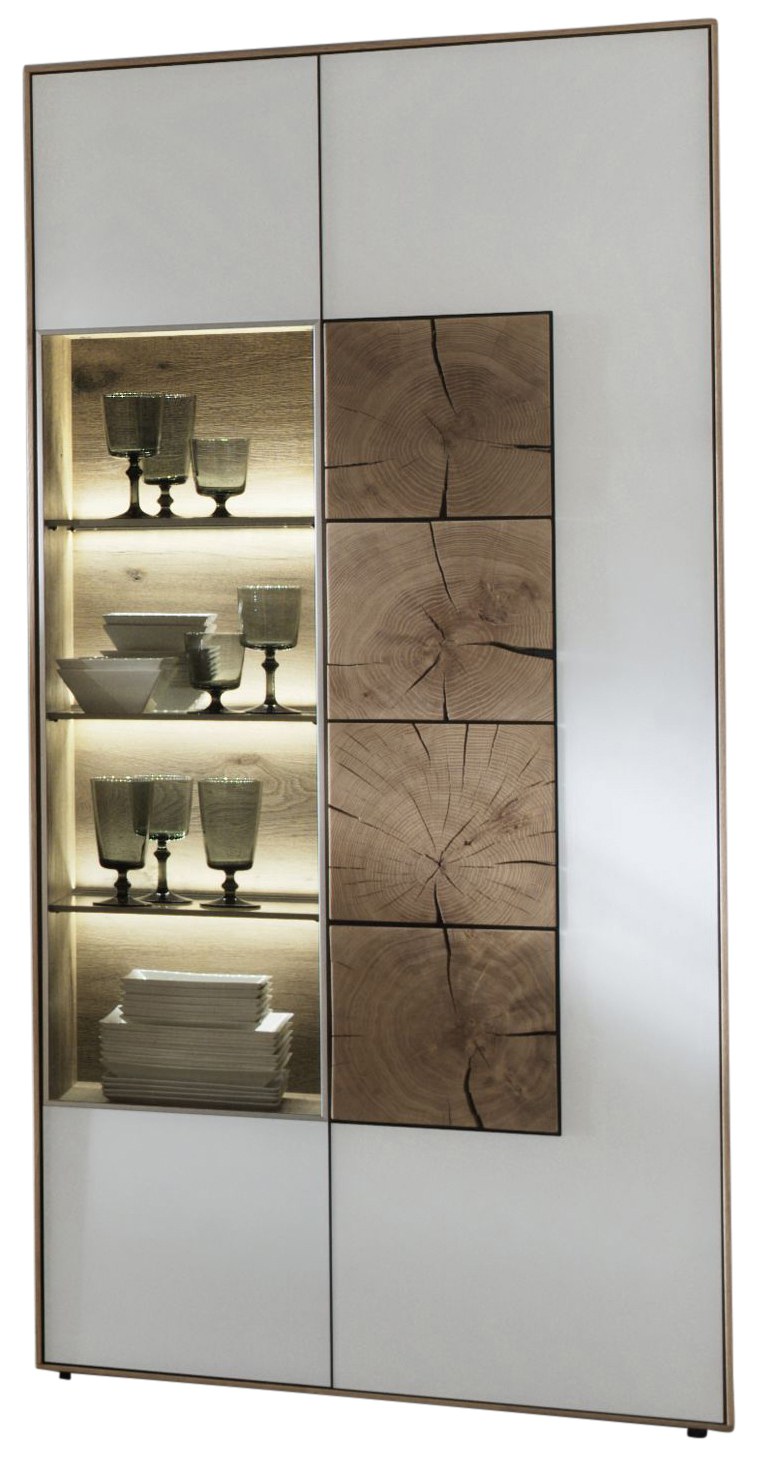 Vitrine - Kerneiche massiv, Mattglas, Weiß mit Hirnholzscheiben