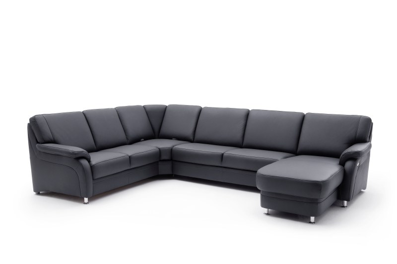 Wohnlandschaft - Ecke links mit 2,5-Sitzer und Longchair rechts, Leder, Schwarz