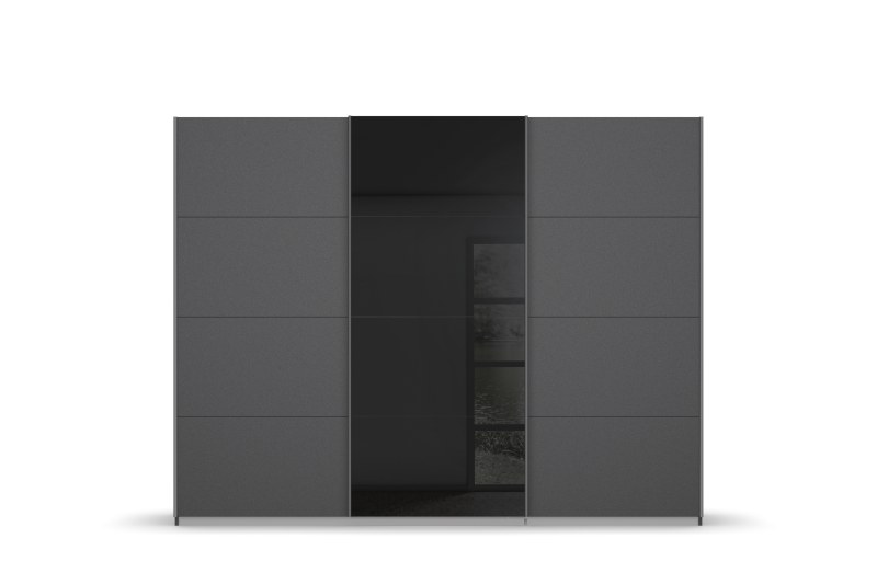 Schwebetürenschrank- B. ca. 203 cm, Graumetallic, Glas, Schwarz