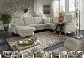 Wohnlandschaft - Longchair links mit 3-Sitzer und Ecke rechts, Stoff, Natur