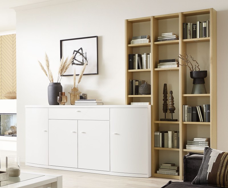 Sideboard Fidea - mit Aufsatzregal, Lack weiss, Eiche sand