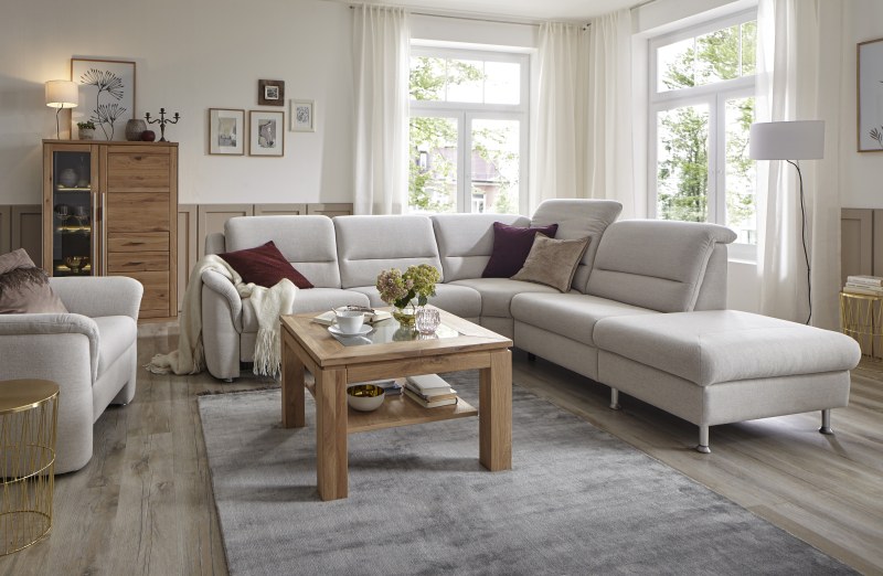Ecksofa Cornella Classic - 2-Sitzer mit Ecke rechts inkl. Kopfteilverstellung (manuell) und Relaxfunktion (motorisch), Stoff, Creme