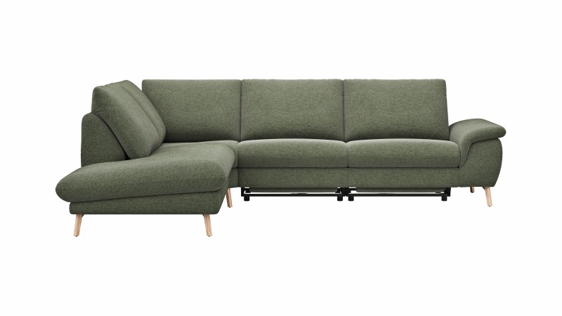 Ecksofa Gotera - Ecke mit Abschlussteil links und 1,5-Sitzer med. + 1,5-Sitzer med. rechts inkl. 1x Relaxfunktion (teilmotorisch) und Rückenlehne verstellbar, Stoff, Olivgrün