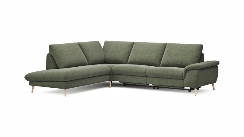 Ecksofa Gotera - Ecke mit Abschlussteil links und 1,5-Sitzer med. + 1,5-Sitzer med. rechts inkl. 1x Relaxfunktion (teilmotorisch) und Rückenlehne verstellbar, Stoff, Olivgrün