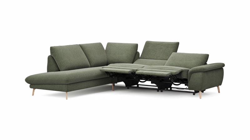 Ecksofa Gotera - Ecke mit Abschlussteil links und 1,5-Sitzer med. + 1,5-Sitzer med. rechts inkl. 1x Relaxfunktion (teilmotorisch) und Rückenlehne verstellbar, Stoff, Olivgrün