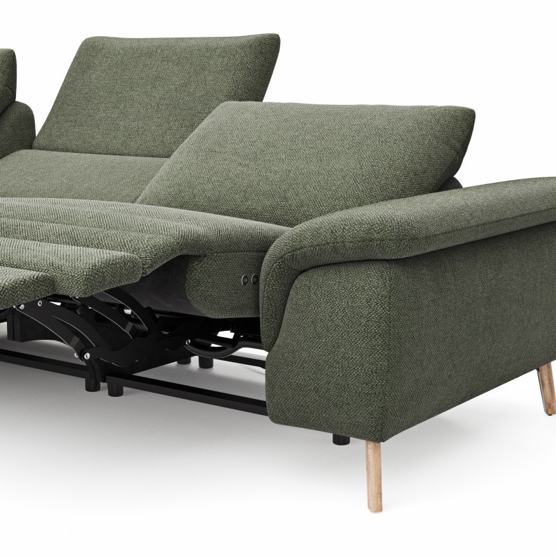Ecksofa Gotera - Ecke mit Abschlussteil links und 1,5-Sitzer med. + 1,5-Sitzer med. rechts inkl. 1x Relaxfunktion (teilmotorisch) und Rückenlehne verstellbar, Stoff, Olivgrün