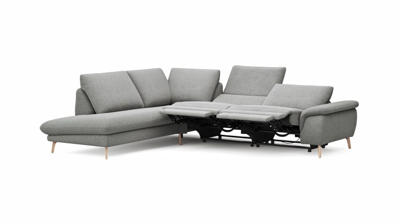 Ecksofa Gotera - Ecke mit Abschlussteil links und 1,5-Sitzer med. + 1,5-Sitzer med. rechts inkl. 1x Relaxfunktion (teilmotorisch) und Rückenlehne verstellbar, Stoff, Hellgrau