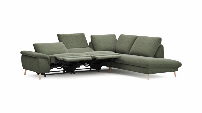 Ecksofa Gotera - 1,5-Sitzer med. + 1,5-Sitzer med. links mit Ecke mit Abschlussteil rechts inkl. Relaxfunktion (teilmotorisch) und Rückenlehne verstellbar, Stoff, Olivgrün