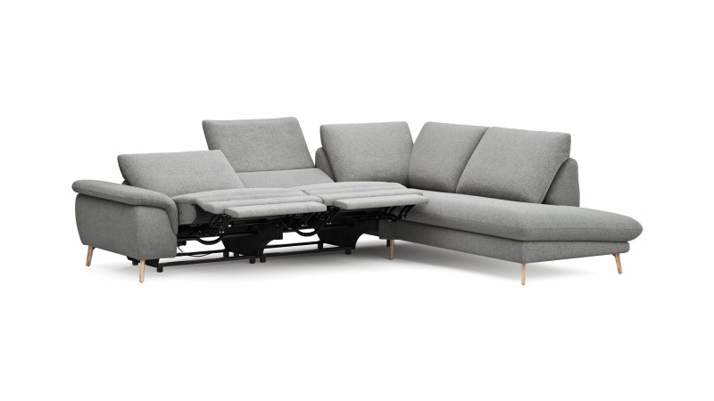 Ecksofa Gotera - 1,5-Sitzer med. + 1,5-Sitzer med. links mit Ecke mit Abschlussteil rechts inkl. Relaxfunktion (teilmotorisch) und Rückenlehne verstellbar, Stoff, Hellgrau