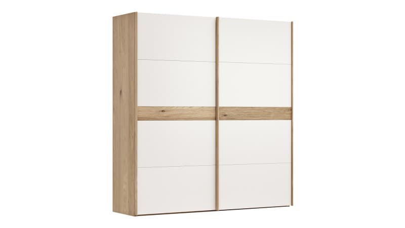 Schwebetürenschrank Viana - B ca. 212 cm, Lack, Weiß, Riffholz, Balkeneiche