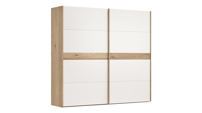 Schwebetürenschrank Viana - B ca. 241 cm, Lack, Weiß, Riffholz, Balkeneiche