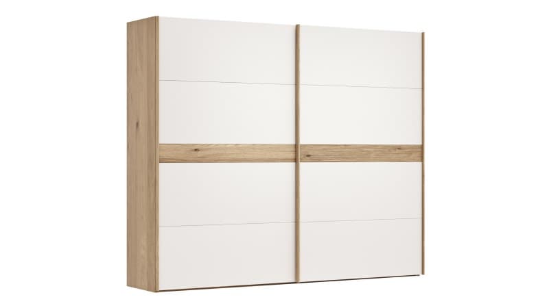 Schwebetürenschrank Viana - B ca. 271 cm, Lack, Weiß, Riffholz, Balkeneiche