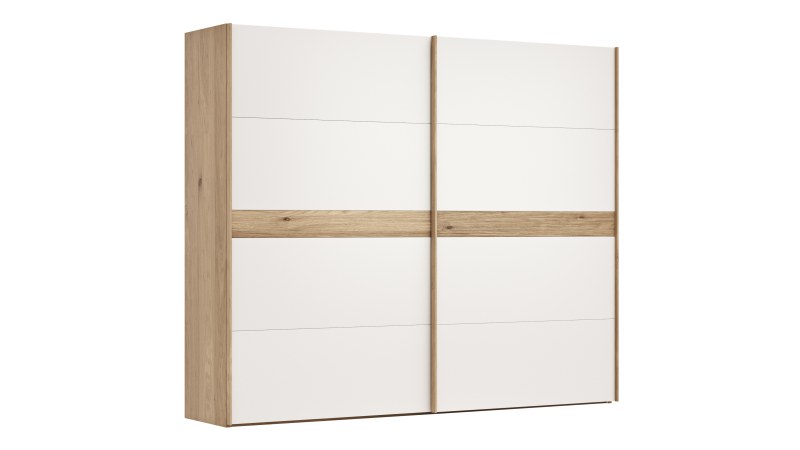 Schwebetürenschrank Viana - B ca. 271 cm, Lack, Weiß, Riffholz, Balkeneiche
