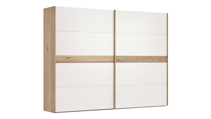 Schwebetürenschrank Viana - B ca. 301 cm, Lack, Weiß, Riffholz, Balkeneiche