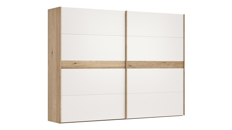 Schwebetürenschrank Viana - B ca. 301 cm, Lack, Weiß, Riffholz, Balkeneiche
