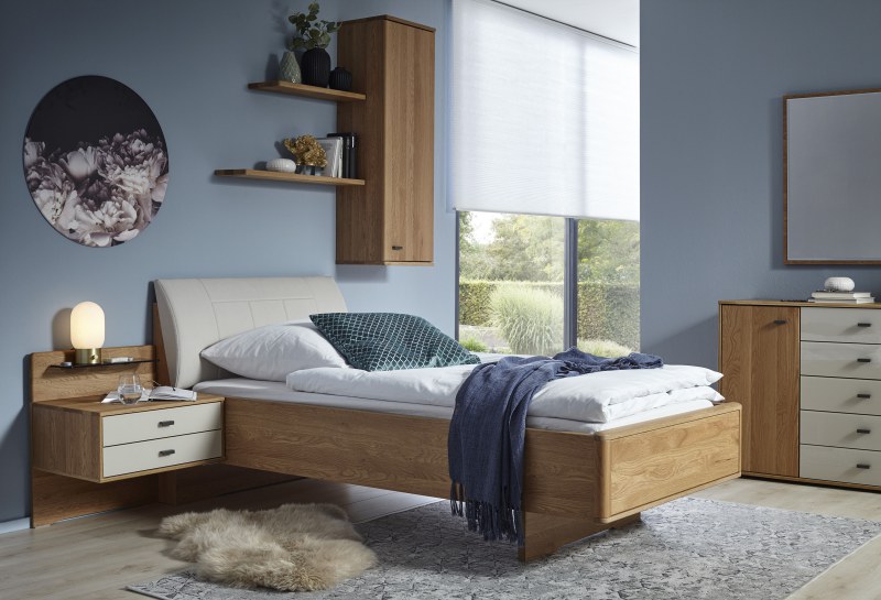 Bett Lenoso - Liegefläche ca. 90x200 cm, Eiche Nachbildung, Kunstleder Champagner