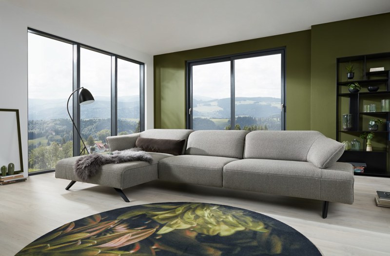 Ecksofa - Longchair links mit 1,5-Sitzer, Kopfteil/Sitztiefe verstellbar, Relaxfunktion motorisch, Leder, Jade