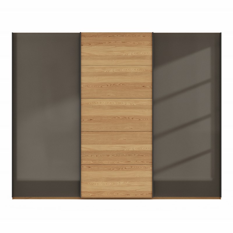 Schwebetürenschrank Lenoso - B. ca. 300 cm, Eiche massiv, Glas Dunkelbraun